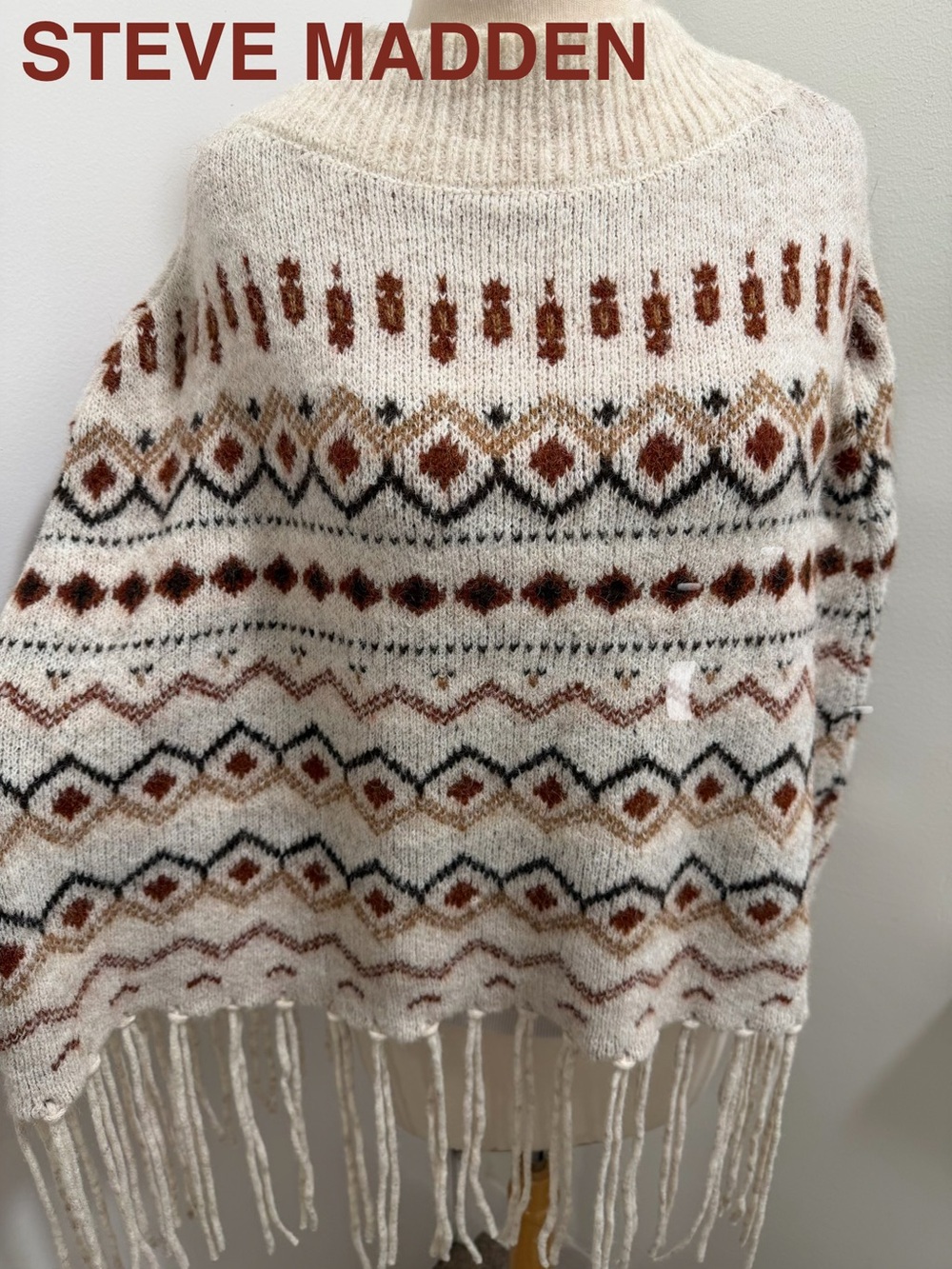 Steve Madden Cream Fair Isle Fringe Poncho